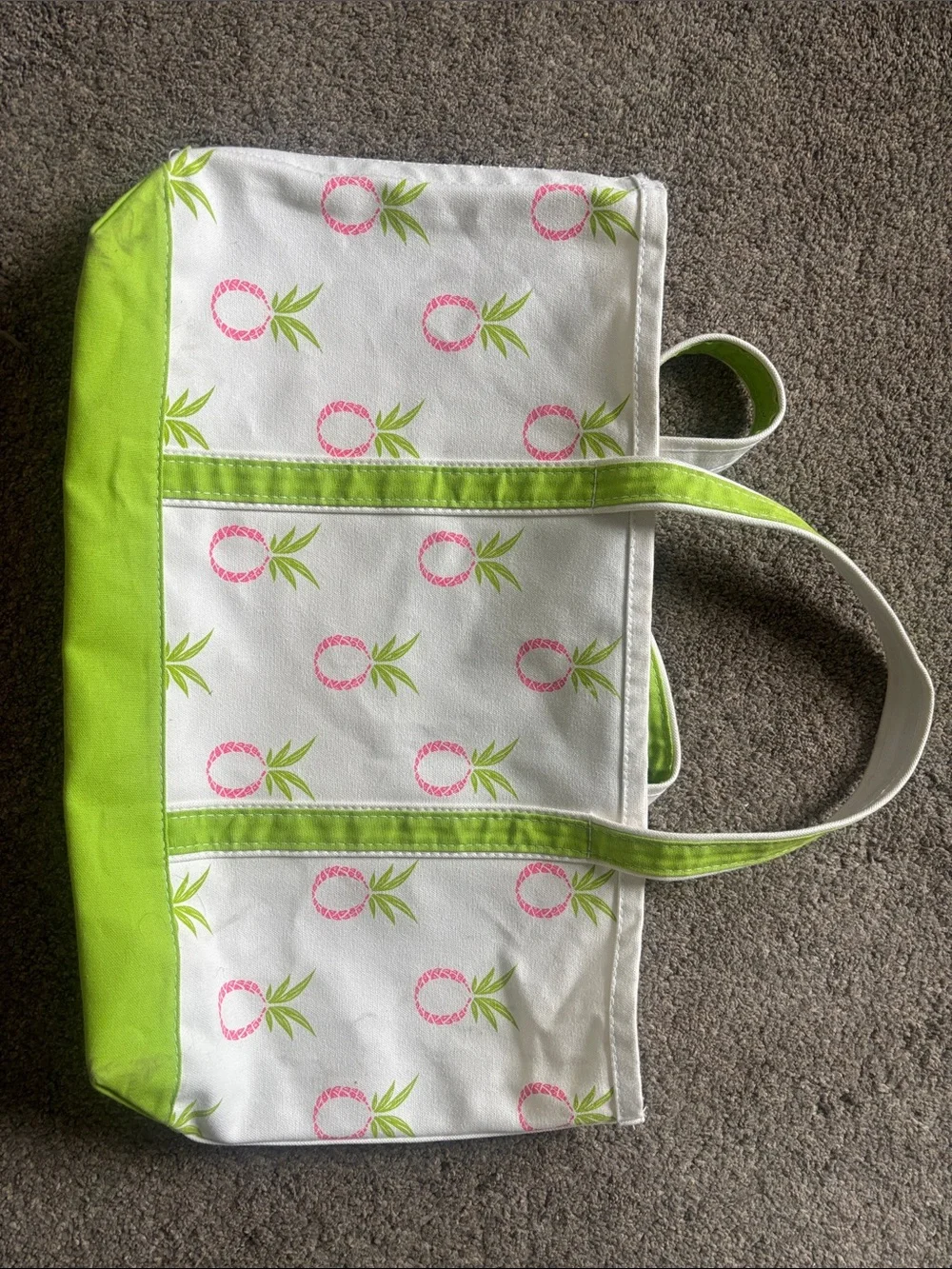 Crab and Cleek- Canvas Pineapple Print Tote Bag in White and Lime Green